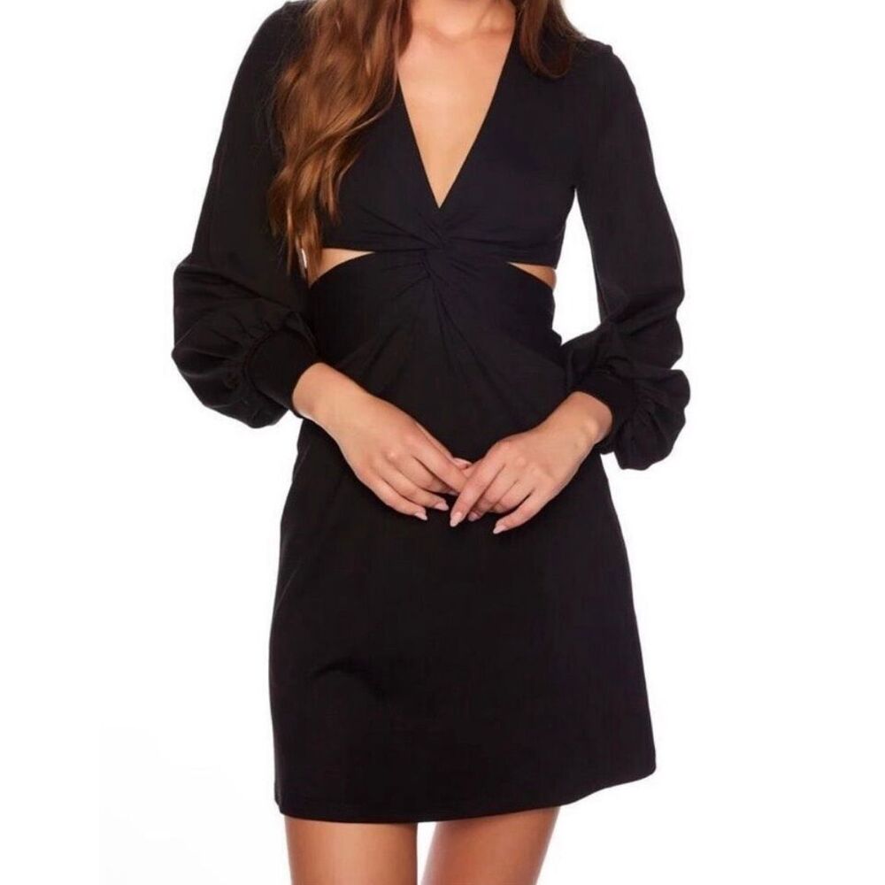 Susana Monaco Puff-sleeve Twist-front Mini Dress In Black
